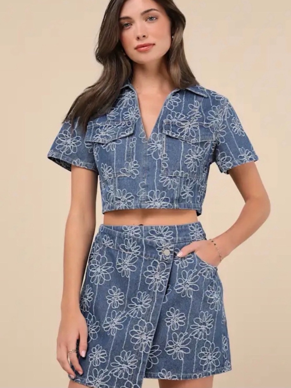 Blue Cropped Denim Shirt and Skort Set